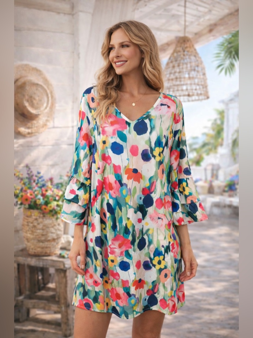 Floral Shift Dress Boho V Neck Bell Sleeve Tunic Multicolor Medium NEW